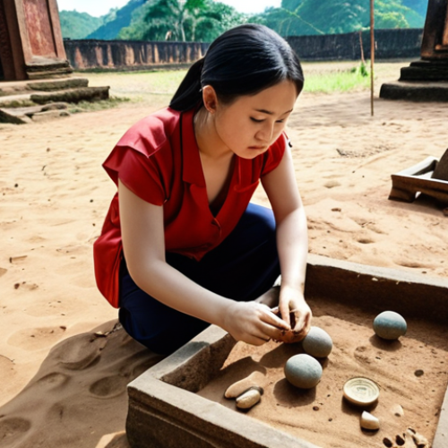 Home 11 **A cultural researcher meticulously examining ancient artifacts at a dig site in Vietnam, focusing on uncovering historical details and cultural values.**