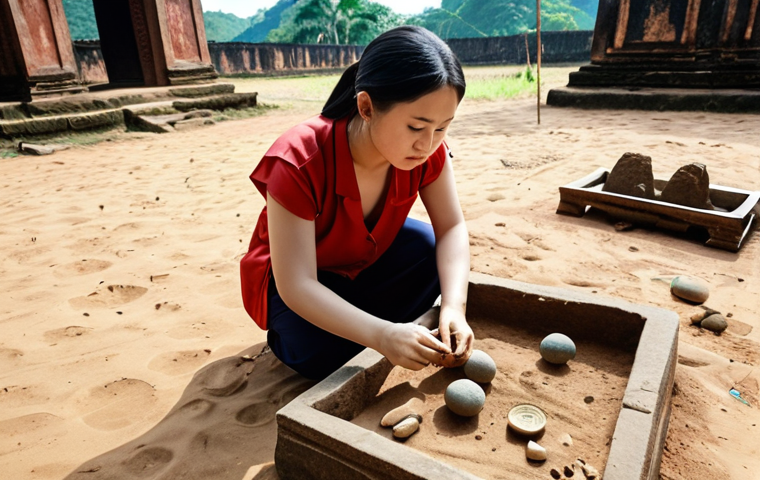**A cultural researcher meticulously examining ancient artifacts at a dig site in Vietnam, focusing on uncovering historical details and cultural values.**