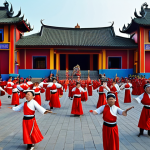 **Vibrant Cultural Fusion in a Vietnamese Urban Landscape:**
    A dynamic scene depicting a modern Vietnamese city park or cultural square, bustling with a diverse crowd. In the foreground, traditional Vietnamese ethnic minority performers, adorned in colorful Tây Nguyên (Central Highlands) costumes, play gongs and perform a "xoang" dance, their movements fluid and rhythmic. Overlaying this traditional performance is a sophisticated projection mapping display on the surrounding urban architecture, showcasing abstract patterns and elements inspired by Vietnamese folk art and modern digital designs. Around them, urban youth, some wearing VR headsets exploring virtual reconstructions of historical sites like Thăng Long Imperial Citadel, and others using AR-enabled smartphones to interact with virtual renditions of ancient artifacts, are fully immersed in the cultural experience. The atmosphere is electrifying, a harmonious blend of deep-rooted heritage and cutting-edge technology, emphasizing connection and innovation.