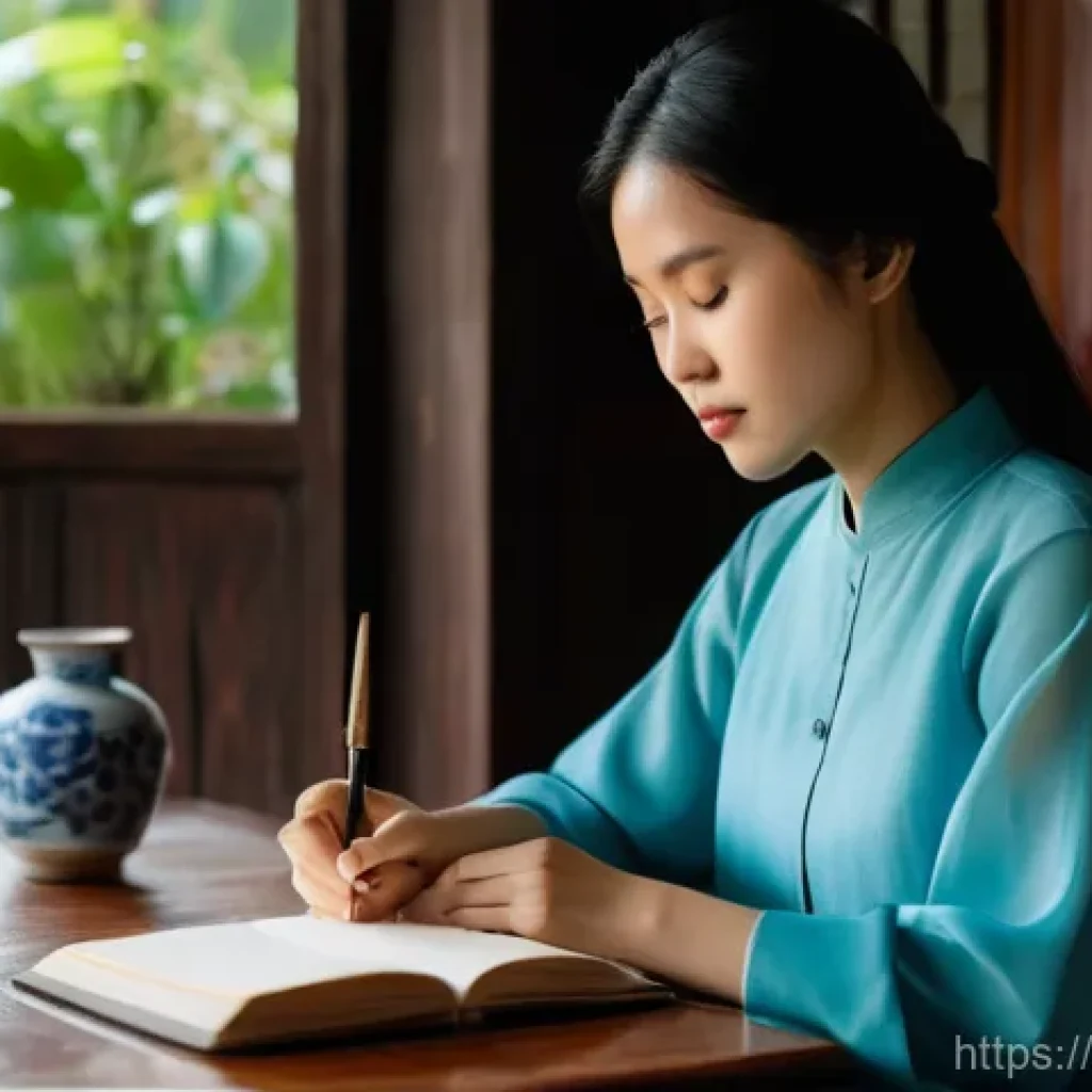 문화예술사 업무 일기 작성법 - **Prompt 1: Reflective Cultural Journaling**
    A young Vietnamese woman, in her late 20s, with lon...