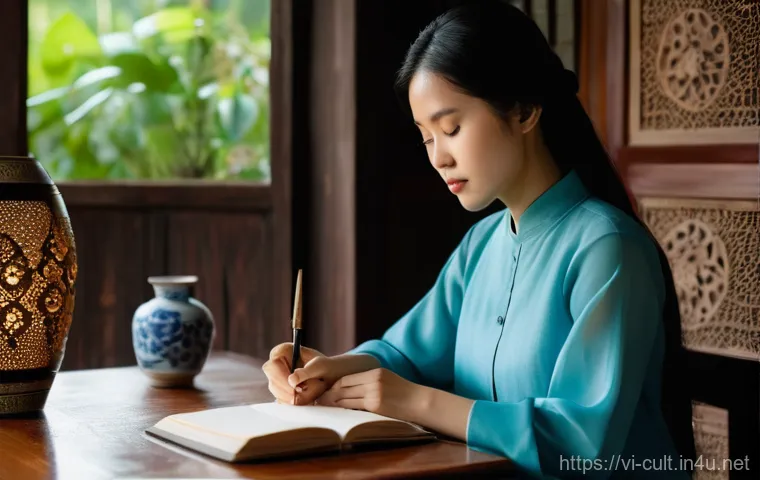 문화예술사 업무 일기 작성법 - **Prompt 1: Reflective Cultural Journaling**
    A young Vietnamese woman, in her late 20s, with lon...