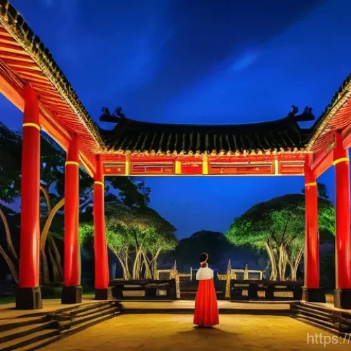 문화예술사와 문화관광의 융합 - **Prompt:** A vibrant night scene at the Temple of Literature (Văn Miếu – Quốc Tử Giám) in Hanoi, Vi...
