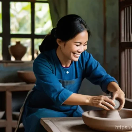 문화예술사 자격증의 활용 분야 - **A joyful scene in a traditional Vietnamese pottery workshop.** A female tourist, in her late 20s, ...