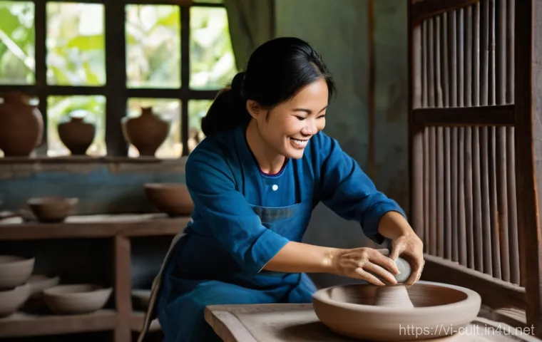 문화예술사 자격증의 활용 분야 - **A joyful scene in a traditional Vietnamese pottery workshop.** A female tourist, in her late 20s, ...