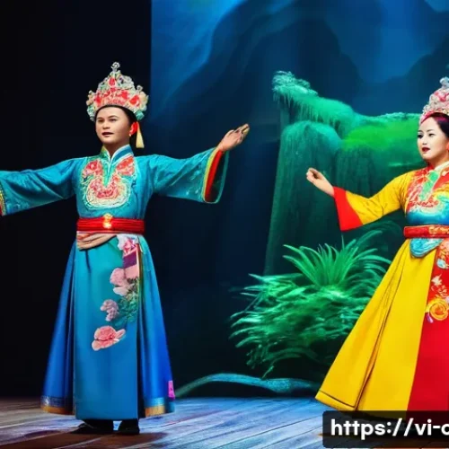 문화예술사와 공연예술 매니지먼트의 연결고리 - **Prompt:** A vibrant stage performance of "Cải Lương" (Vietnamese traditional opera) in a modern, g...