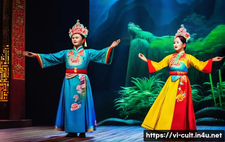 문화예술사와 공연예술 매니지먼트의 연결고리 - **Prompt:** A vibrant stage performance of "Cải Lương" (Vietnamese traditional opera) in a modern, g...