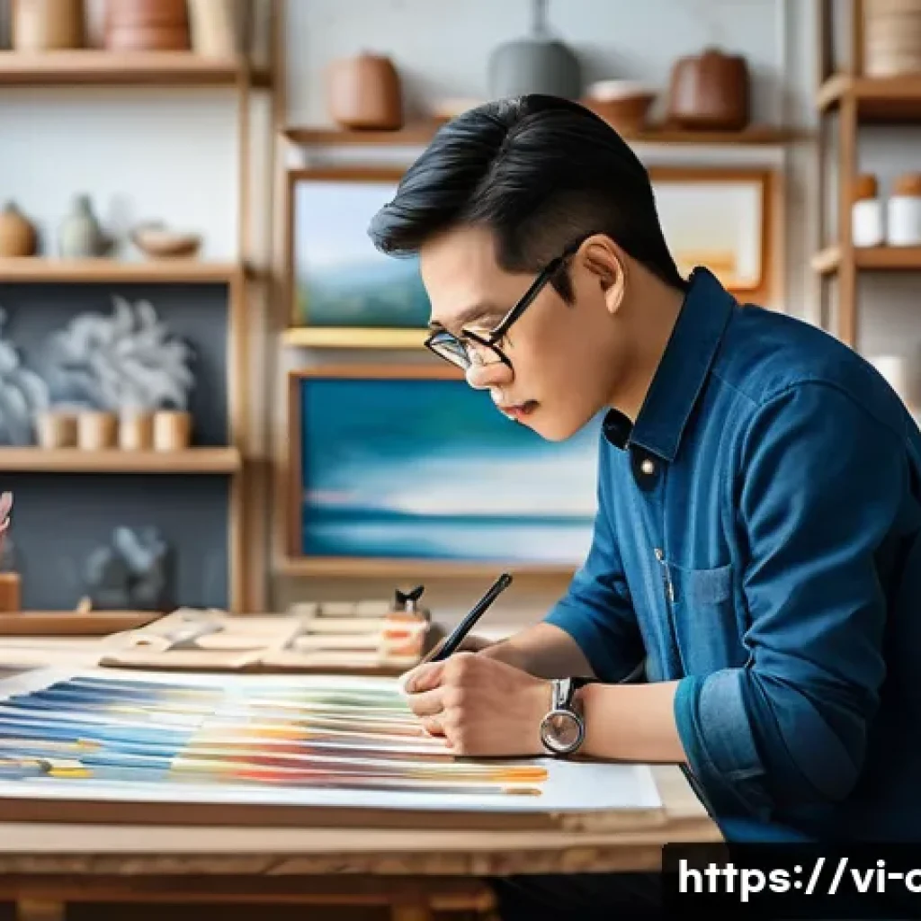 문화예술사 자격증과 창작 프로젝트의 연계 - A professional Vietnamese artist in a modern art studio, wearing smart casual clothing and focused o...
