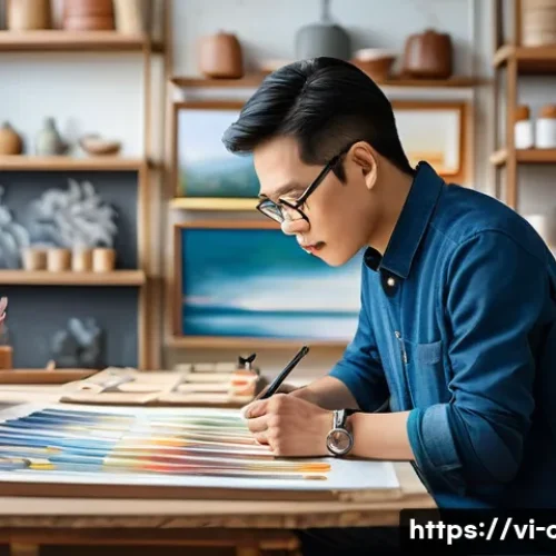 Home 32 문화예술사 자격증과 창작 프로젝트의 연계 - A professional Vietnamese artist in a modern art studio, wearing smart casual clothing and focused o...