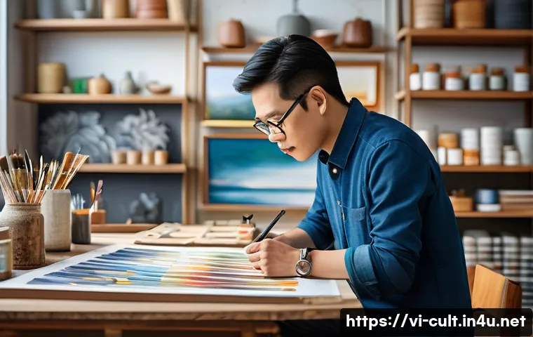 문화예술사 자격증과 창작 프로젝트의 연계 - A professional Vietnamese artist in a modern art studio, wearing smart casual clothing and focused o...
