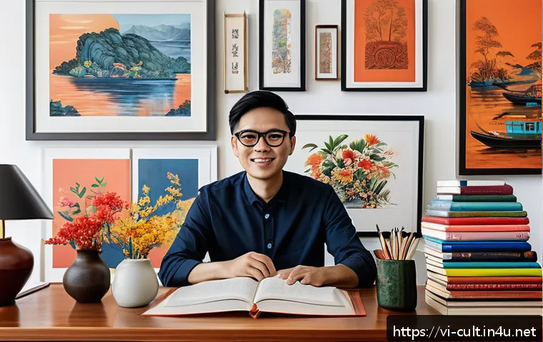 문화예술사 포트폴리오 작성법 - A contemporary Vietnamese artist’s digital portfolio showcase: a sleek, modern workspace with a high...