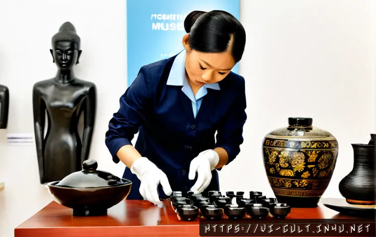 Home 17 문화예술사 실무 역량 강화 방법 - Photorealistic Vietnamese museum professional in a modern Hanoi gallery, carefully arranging traditi...